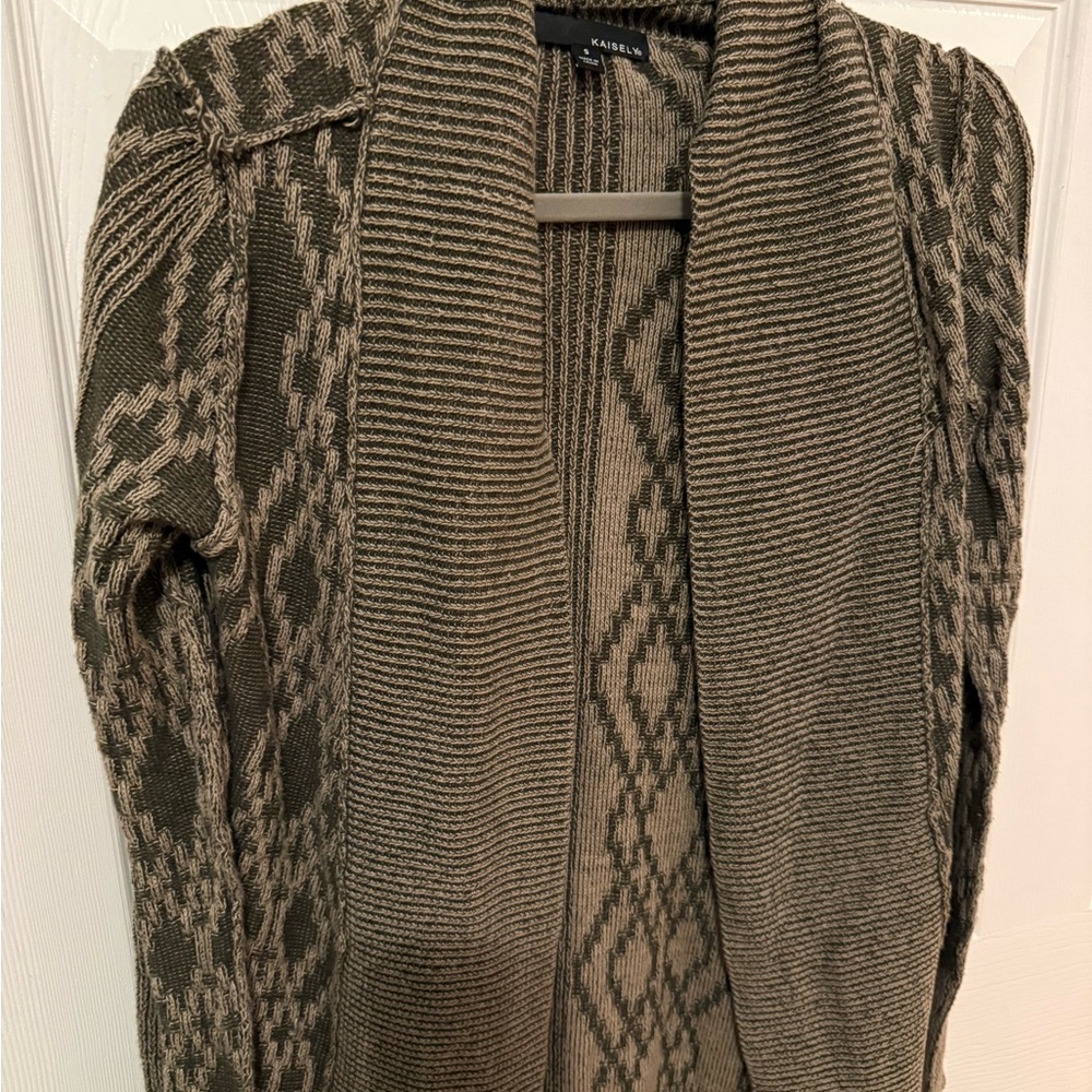 Kaisely Olive Green Patterned Open-Front Cardigan